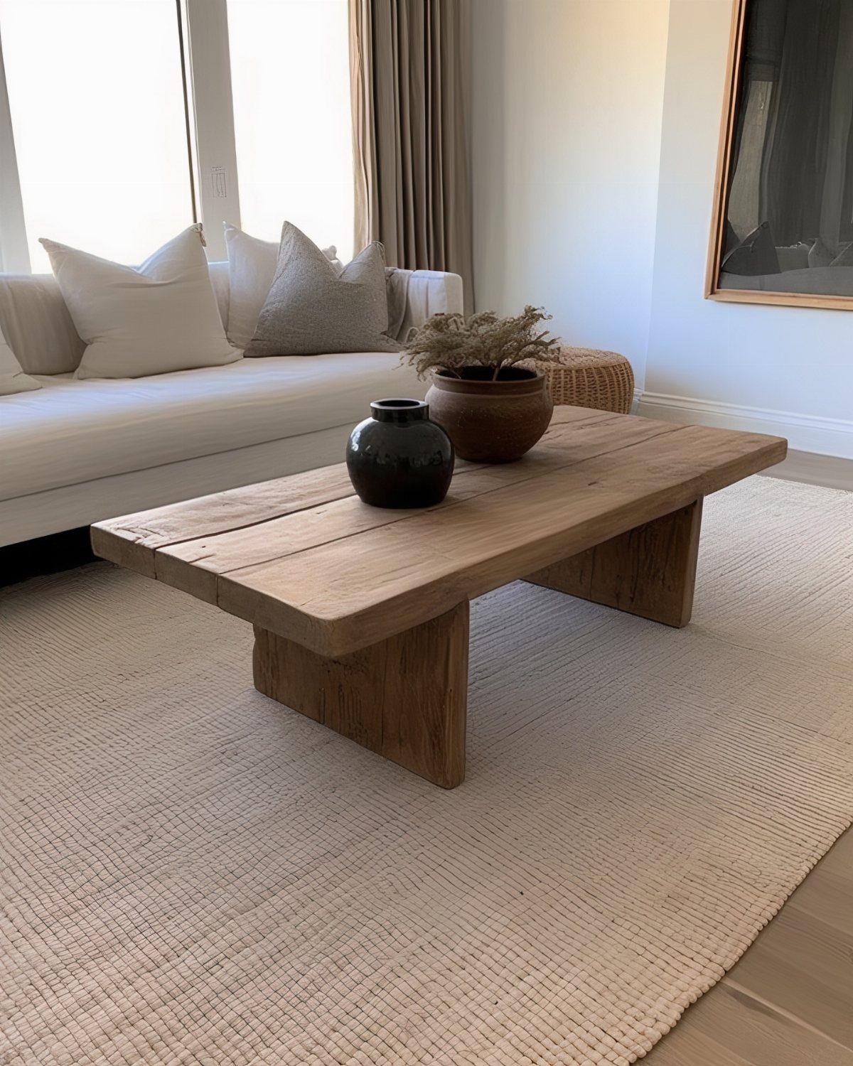 Rustic wooden coffee table with ceramic vases in a bright, modern living room