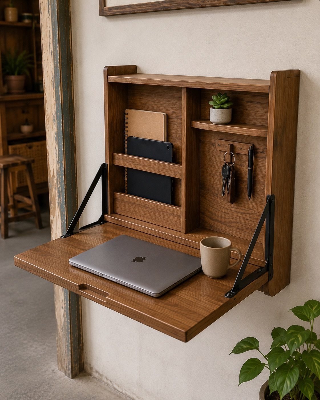 Wooden wall-mounted folding desk with a laptop, mug, and small storage shelves.