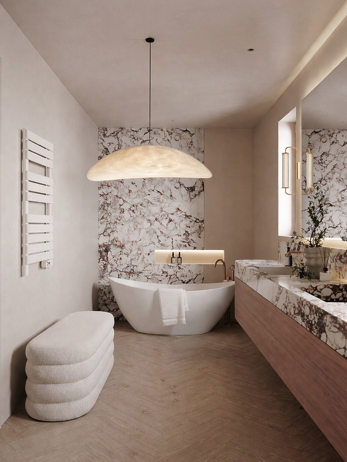 White freestanding bathtub centered in a modern bathroom with marble walls and dome lighting.