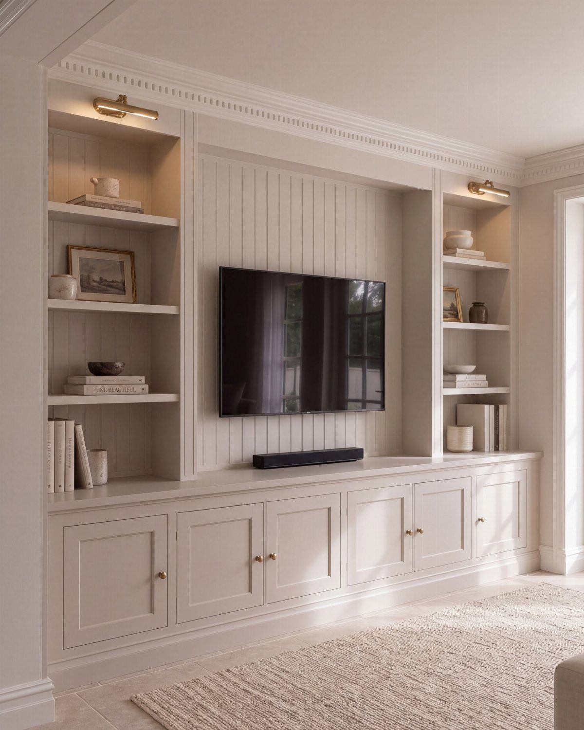 Built-in entertainment center with cream cabinetry, open shelving, and a recessed television.