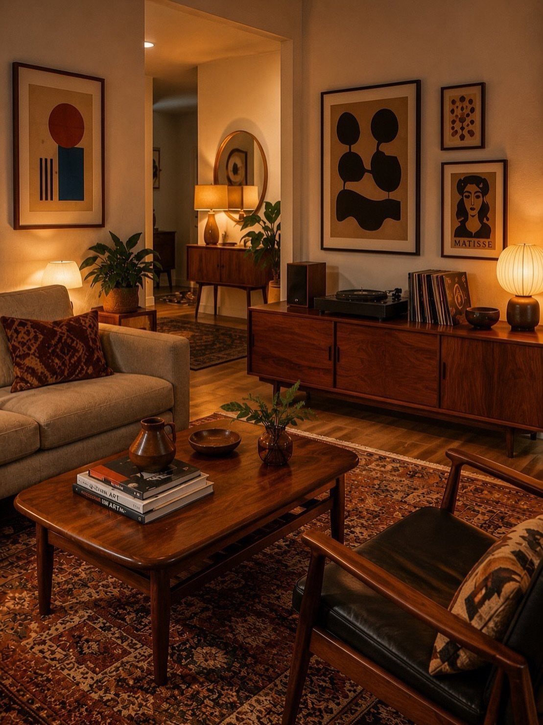 Mid-century modern living room with wooden furniture, abstract art, and warm ambient lighting.