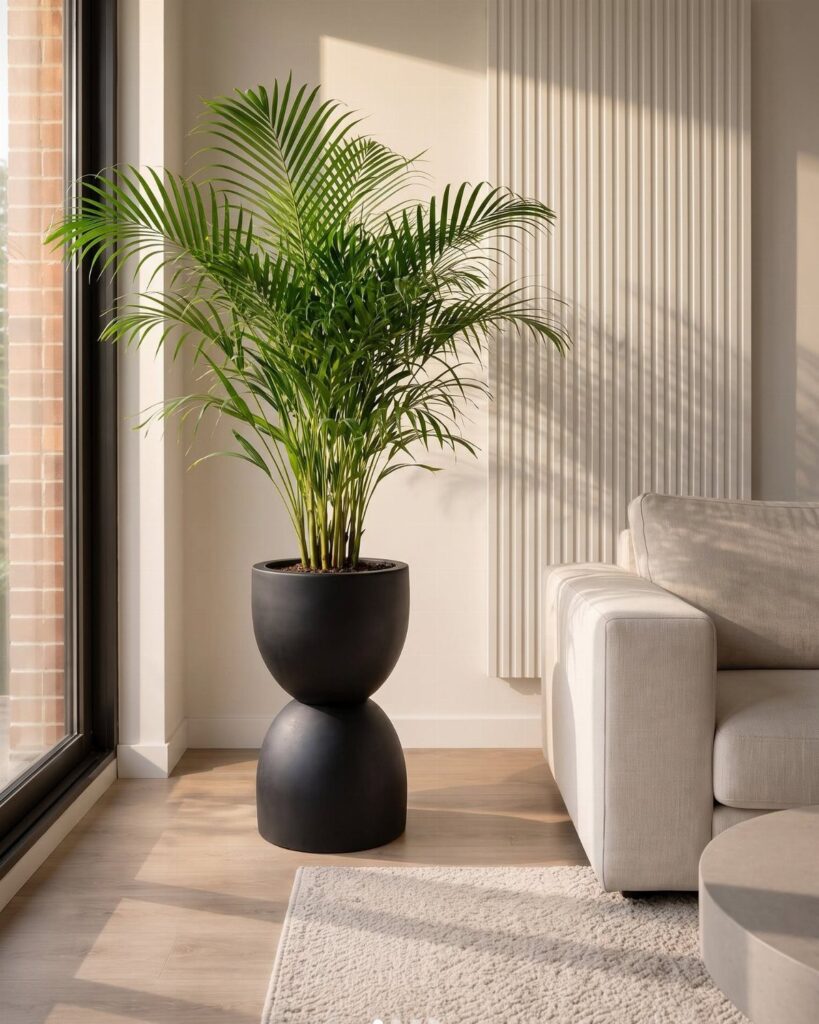 Tall green palm plant in a black sculptural pot in a bright room corner.