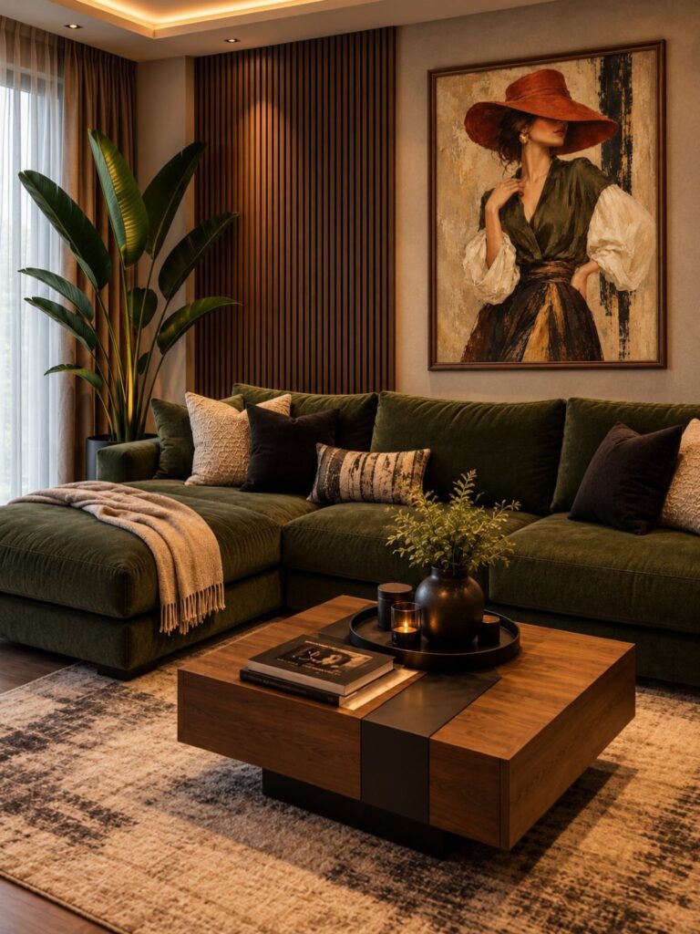 Framed portrait painting hanging on a wall above a green velvet sectional sofa