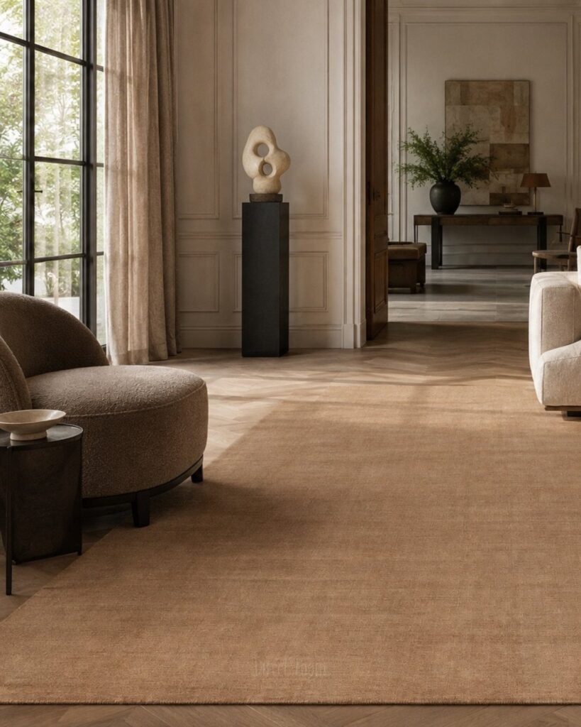 Tan textured area rug in a neutral living room with curved beige seating.
