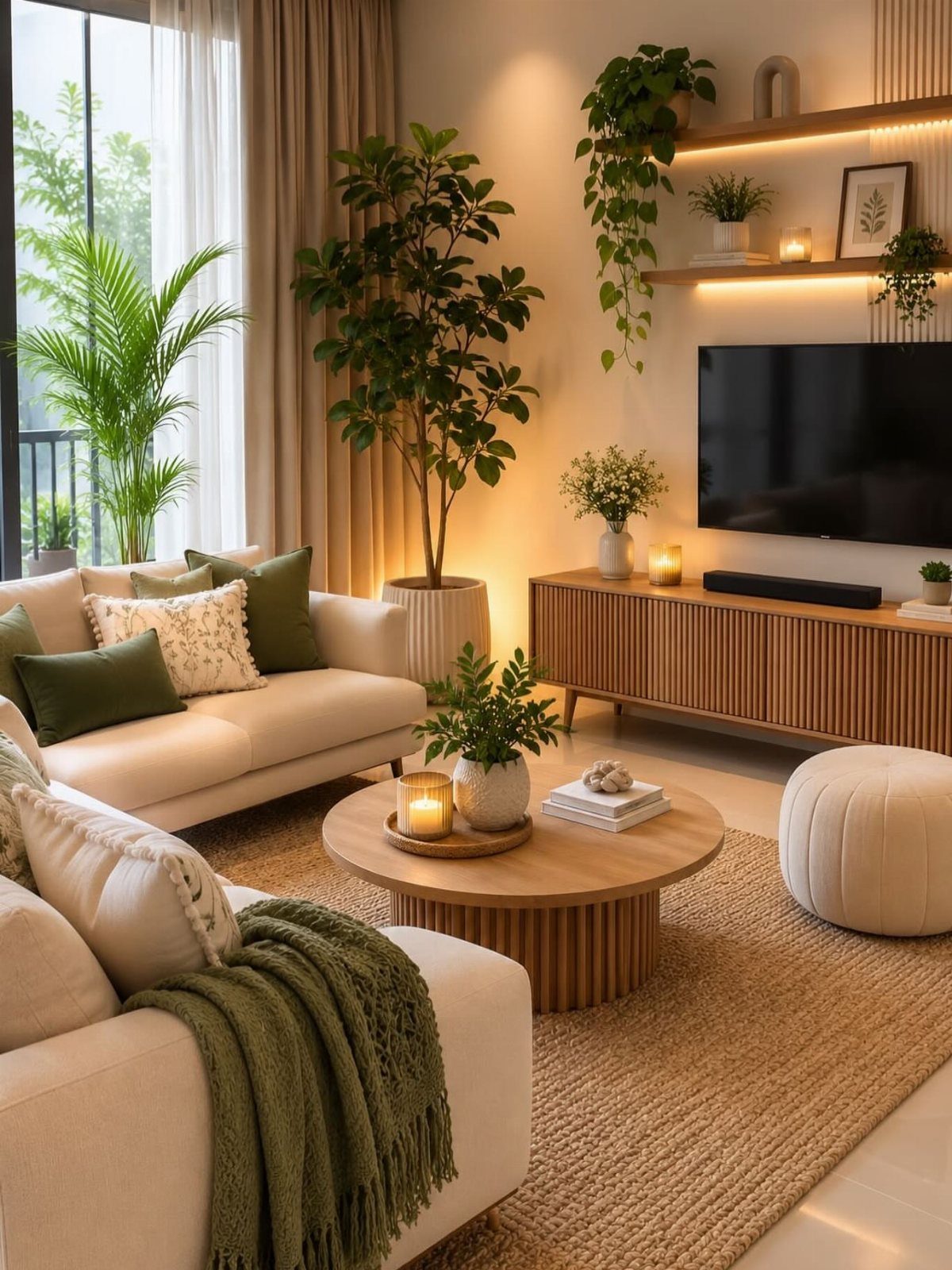 Cream sectional sofa with green pillows and round wooden coffee table in living room
